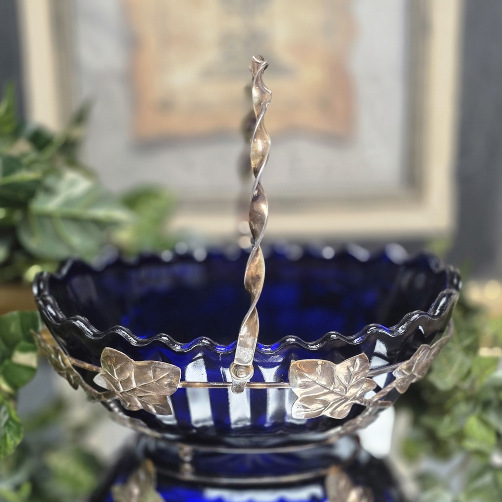 Blue Glass Bowl with Silver Leaf Accents